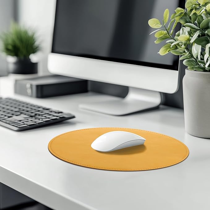 Mouse Pad，Round Mouse Pad，PU Mouse Pad，Leather Mouse Pad with Stitched Edge Micro-Fiber Base with Non-Slip Waterproof，Mouse Pad for Computers，Laptop，9 x 9 Inch (Light Yellow)
