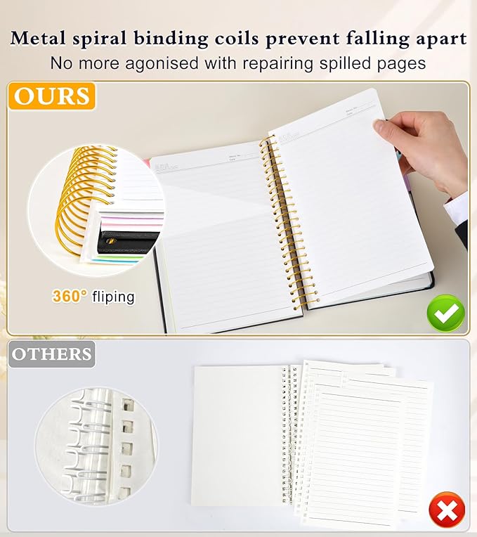 5 Subject Notebook College Ruled, A5 Hardcover Spiral Notebook with Removable Pocket Dividers Tabs, 240 Pages Lined Spiral Journal Notebook for Women, 6x8.5 Notebooks for Work School Note taking Black