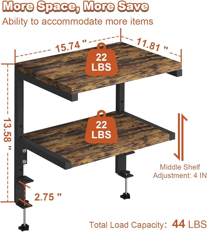 Clamp on Desk Organizer Shelf, Heavy-Duty Desk Extender Side Table with 2-Tier Adjustable Storage Shelves for Desktop Accessories, Gaming Devices, Black