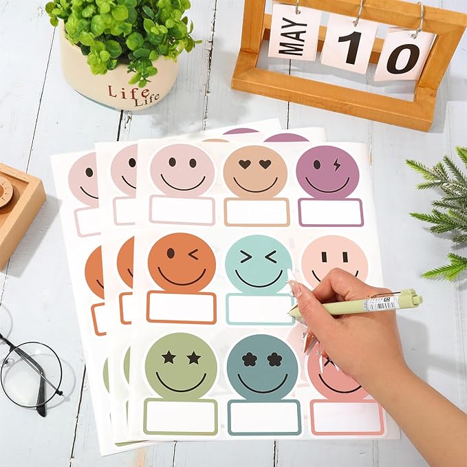 Whaline 135Pcs Boho Smile Face Name Tag Stickers 9 Designs Nameplate Stickers Cute Classroom Bulletin Board Decoration Label Stickers for Office School Desk Wall Decor