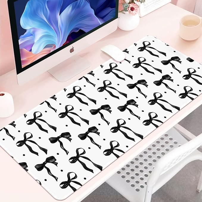 Large Bow Mouse Pad, Black and White Desk Mat XL Keyboard Pad Computer Mat, Non-Slip Rubber Base Gaming Mousepad Extra Large Laptop Pad, Cute Desktop Cover Office Supplies for Girl 31.5 x 11.8in