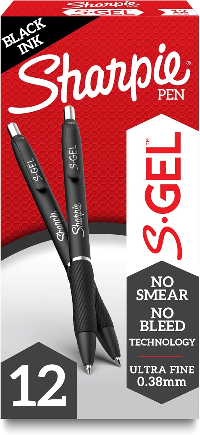 Sharpie S-Gel Gel Pens Ultra Fine Point (0.38mm) Black 12 Count