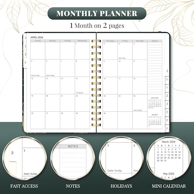 2026 Planner, A5 Weekly and Monthly Planners with Tabs, Spiral Bound Daily Calendar 2026 Planner, Agenda Organizers from Jan. to Dec., Hardcover Habit Tracker Journal 6.18" x 8.5" (Black Gold)