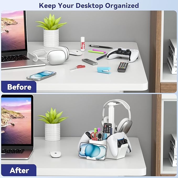 KDD Dual Controller Holder with Headphone Stand - Multi-Functional Desk Storage Box with Phone Holder - Universal Controller Stand with Desktop Organizer for Remote Control Pen Accessories(White)