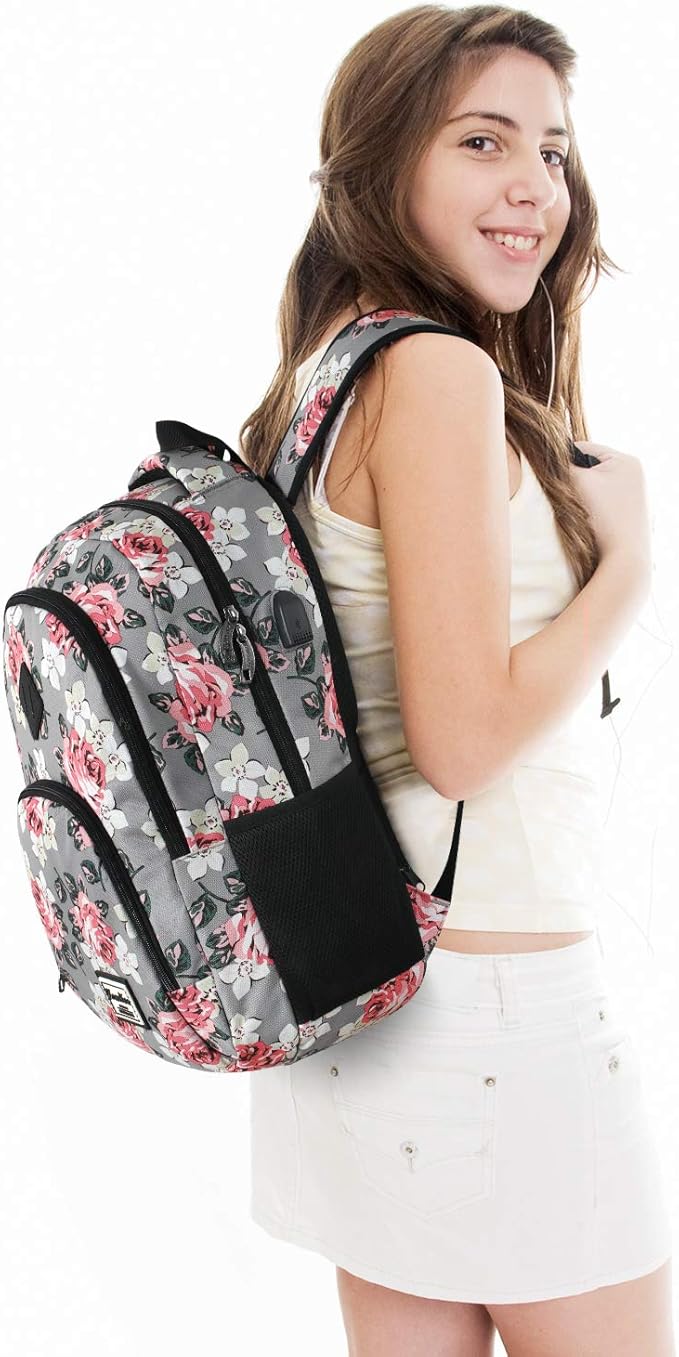 YAMTION Backpack for Women,School Backpack for Teen Girls College Backpack with USB Charging Port,Gray-Flower