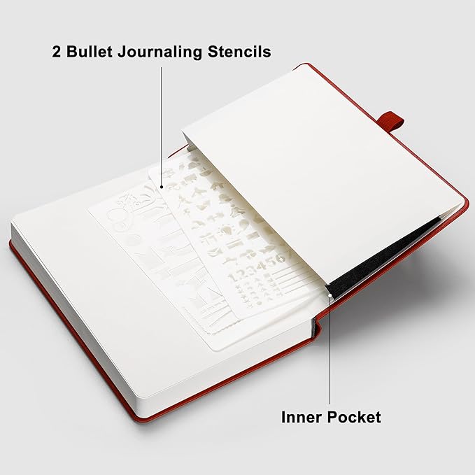 RETTACY Dotted Journal Notebook, 192 Pages, A5 Medium Size (5.7'' x 8.3''), Leather Hardcover, 100 GSM Thick Paper, for Bullet Journaling, Planning, Tracking (Red)