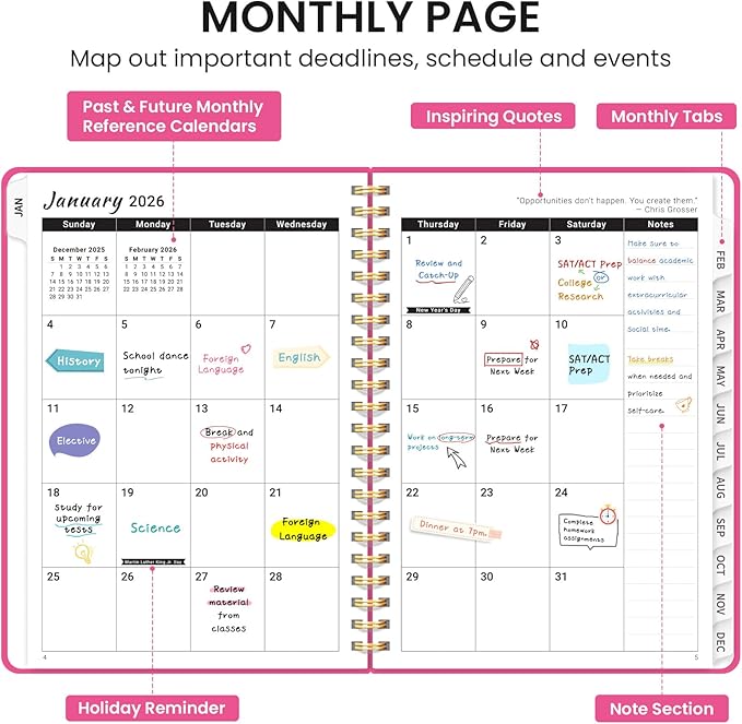 2026 Planner, Weekly and Monthly Calendar Planner, January 2026 - December 2026, Hardcover 2026 Calendar Book with Tabs For Women & Men, Inner Pocket, Spiral Bound, Perfect for Office Home School Supplies - A5 (6.3" x 8.5"), Berry Pink