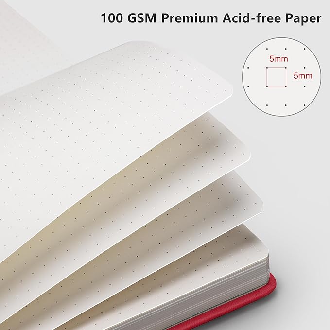 RETTACY Dotted Journal Notebook, 192 Pages, A5 Medium Size (5.7'' x 8.3''), Leather Hardcover, 100 GSM Thick Paper, for Bullet Journaling, Planning, Tracking (Red)