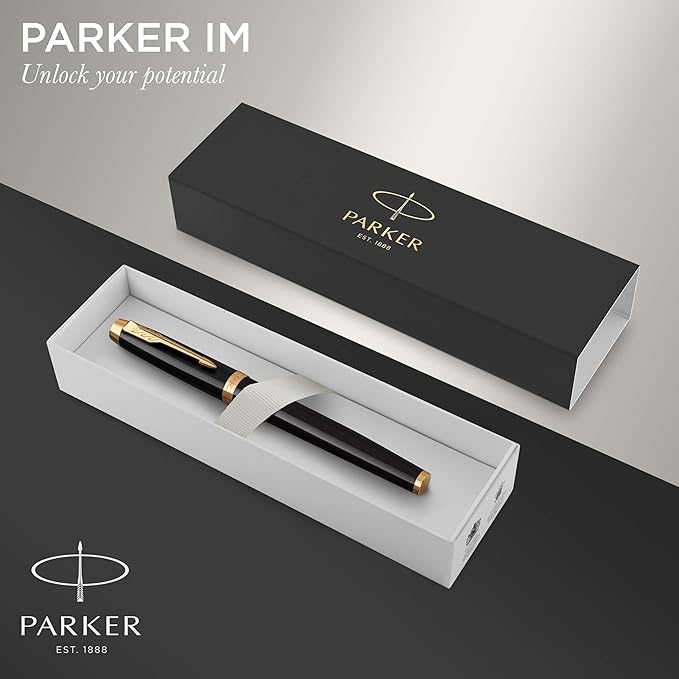 Parker IM Fountain Pen, Black Lacquer with Gold Trim, Fine Nib, Blue Ink Refill, Elegant Gift Box