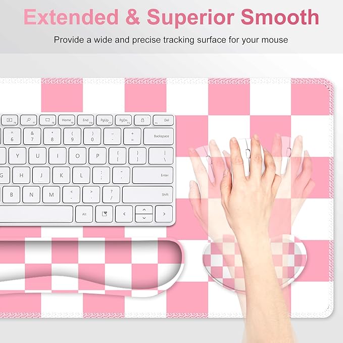 Pastel Pink White Checker Mouse Pad Set, 4 in1 Ergonomics Keyboard Desk Mat with Memory Foam Wrist Rest, Extended Game Mousepad, Non-Slip Large Gaming Desk Pad Matt Easy Typing Pain Relief