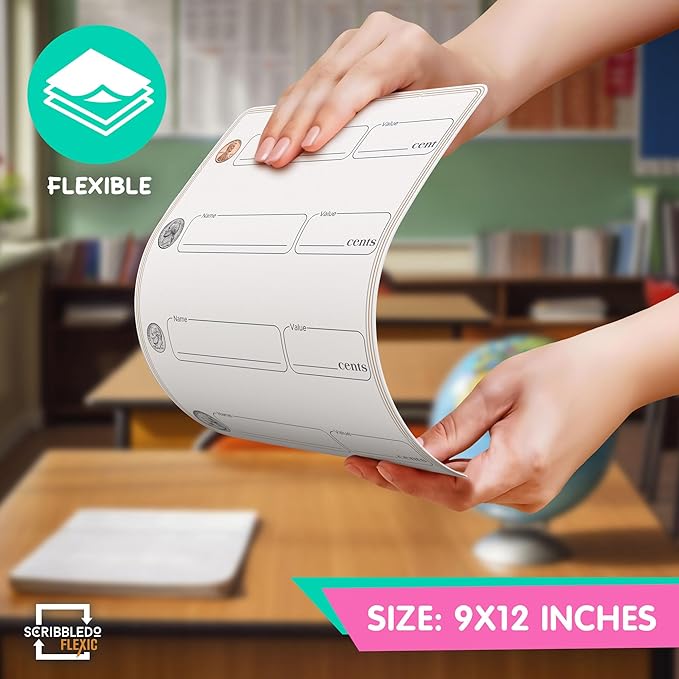 SCRIBBLEDO Coin Practice 9”x12” Small White Board Dry Erase Sheets Math Manipulatives 2nd Grade Money Learning Homeschool Supplies Teacher Students Classroom Pack of 10 Sheets