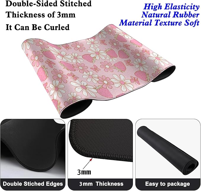 Pink Strawberries Flowers Desk Pad Mouse Pad,Large Butterfly Floral Mouse Mat with Stitched Edges,Non-Slip Rubber Base Mousepad for Office PC Keyboard Laptop and Home Work Desk Mat(31.5X11.8 in)