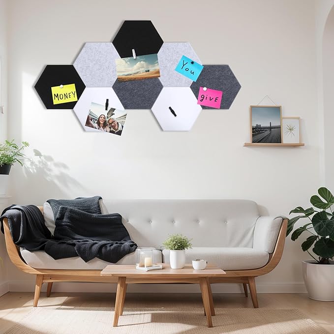 8 Pcs 12" Large Hexagon Felt Cork Board Tiles Self Adhesive DIY Bulletin Board Pin for Office Home Wall Decor Stickers Memos Photos Display with 10 Multi-Color Clip Drawing Pins(Black White)