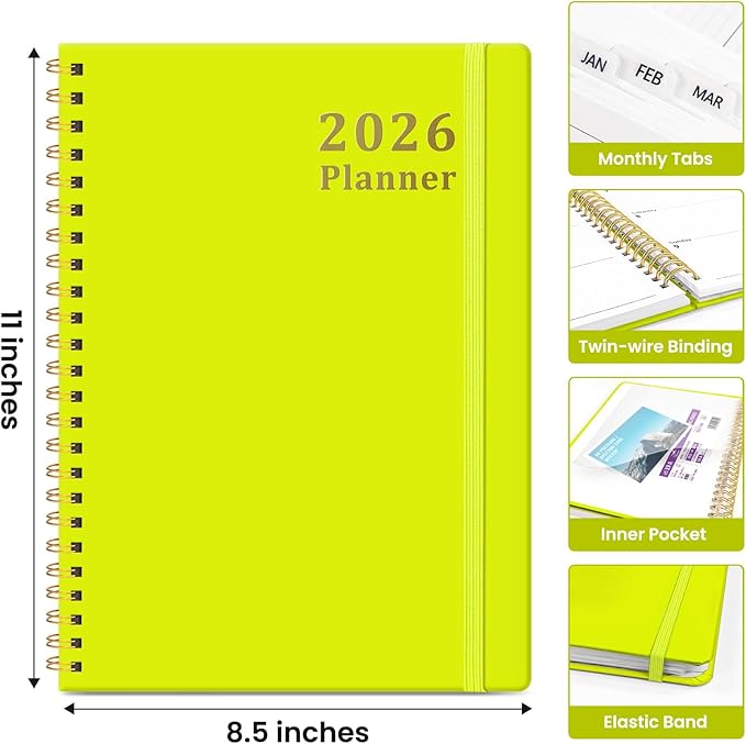 2026 Planner, Weekly and Monthly Calendar Planner, January 2026 - December 2026, Hardcover 2026 Calendar Book with Tabs For Women & Men, Inner Pocket, Spiral Bound, Perfect for Office Home School Supplies - A4 (8.5" x 11"), Lemon Yellow
