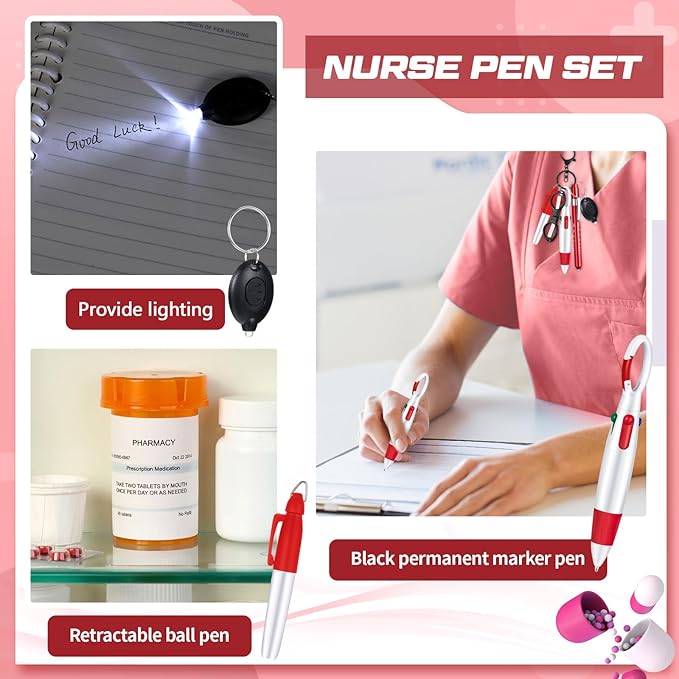 6 Pcs Nurse Pen Set Include Permanent Marker Pen Retractable Ballpoint Pen Keychain Clip Foldable Scissors Lights LED Flashlight Keychain for Nurse Accessories(Red)
