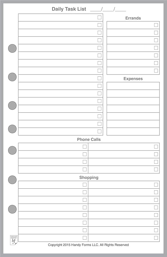Classic Size Daily Task Planner Insert, Sized and Punched for 7-Ring Notebooks Such as Franklin, etc. (5.5" x 8.5")