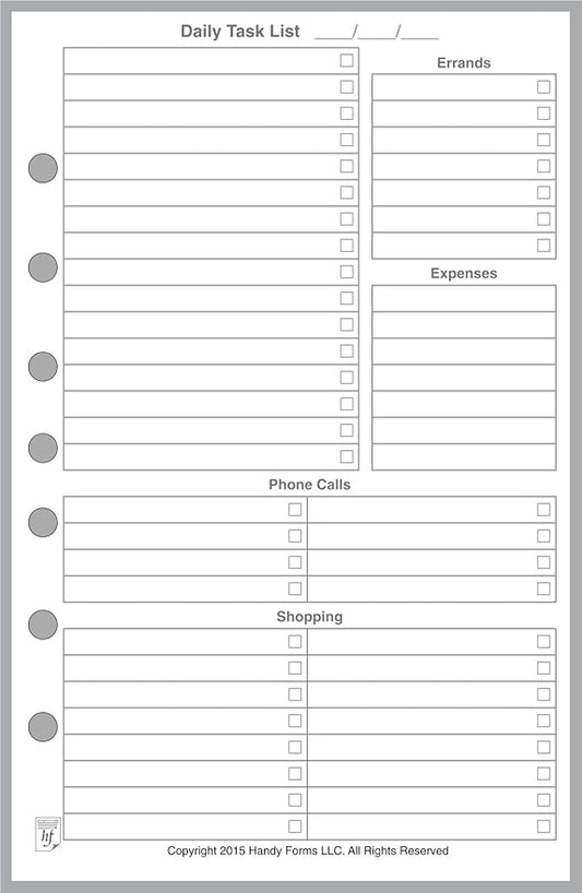 Classic Size Daily Task Planner Insert, Sized and Punched for 7-Ring Notebooks Such as Franklin, etc. (5.5" x 8.5")