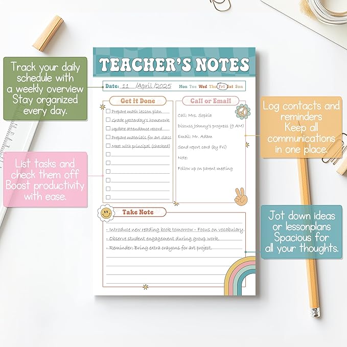 Teacher Gifts, Gifts for New Teachers, Boho Groovy Teacher Notepad, To-Do List Notepad, Stationery Must-Have Supplies for Preschool, Elementary, Middle, and High School Teachers