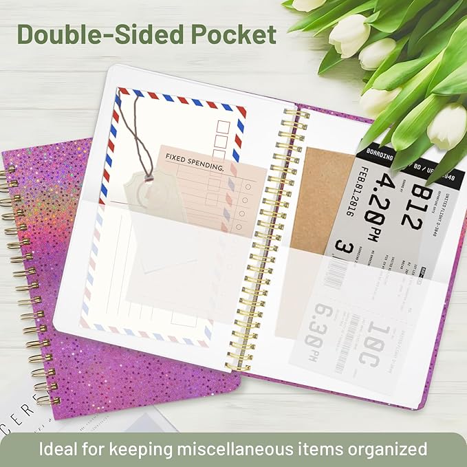 Stanoha Cute Spiral Notebook A5 Journal for Women Girls Kawaii Aesthetic Pretty Floral Design with Pocket, 8.5 x 5.7 inch, Graph, Pink Glitter