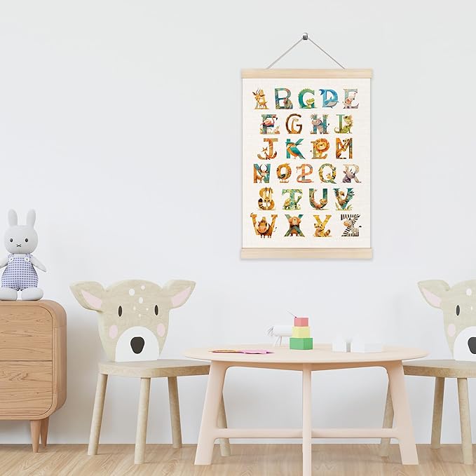 Koesus Wild Animal Alphabet Wall Art Poster Hanger Frame 12x16 Inch, ABC Alphabet Educational Canvas Pictures Prints Framed Wall Decor for Classroom Toddler Kids Room Nursery Preschool Playroom