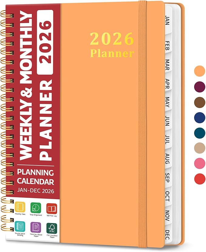 2026 Planner, Weekly and Monthly Calendar Planner, January 2026 - December 2026, Hardcover 2026 Calendar Book with Tabs For Women & Men, Inner Pocket, Spiral Bound, Perfect for Office Home School Supplies - A5 (6.3" x 8.5"), Bright Orange