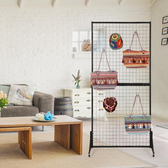 2 Packs 3' x 6' Grid Wall Panels Standing Wire Grid, Study Display Rack with T-Base Wheels Freestanding Gridwall Panel Tower for Shows, Black