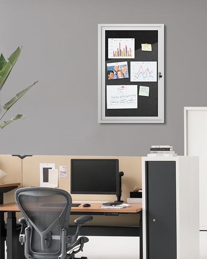 Mifuro 36"x24" Enclosed Bulletin Board, Outdoor Lockable Weather-Resistant Aluminum Cork Noticeboard for School & Office, Silver Frame w/Black Flet