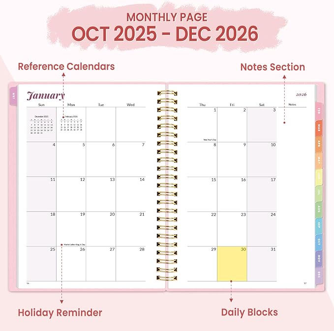 2026 Planner, Annecy Weekly ＆ Monthly Planner 2026, Jan. 2026 – Dec. 2026, 6.4" x 8.3" Monthly Agenda Planner with Tabs, Waterproof Flexible Cover, Spiral Binding, Double-sided Pocket, Bookmark, Pink