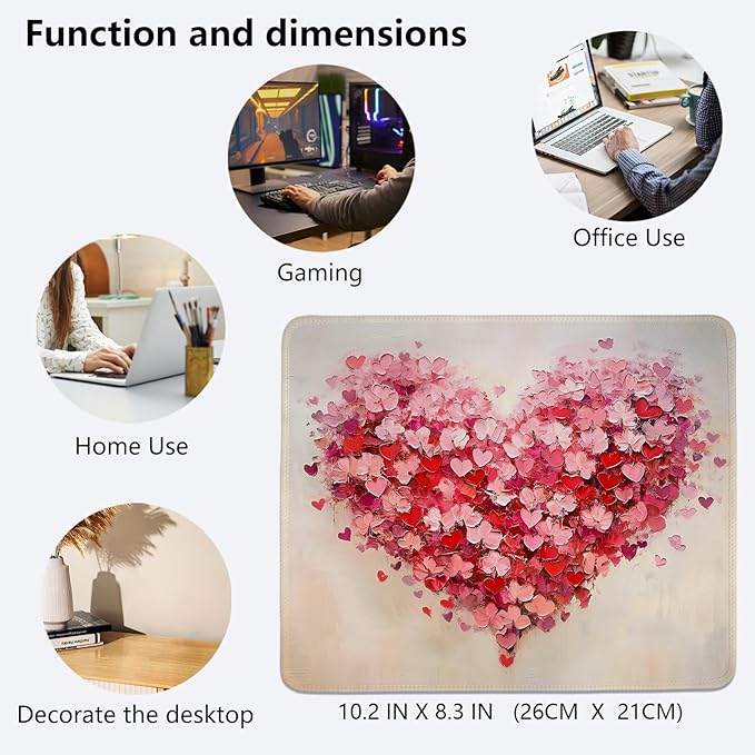 Red Valentine Hearts Mouse Pad,Red Heart Desk Mat,Valentine's Day Mouse Pad For Dorm Home Office Decor,Valentine's Day Gift,10.2x8.3 Inch