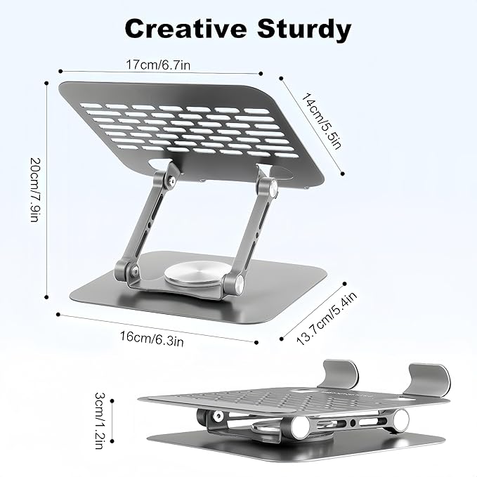Adjustable Tablet Stand with 360° Rotating Base, Aluminum Dual-Rod Support, Compatible with iPad Pro/Air/Mini Silver Grey