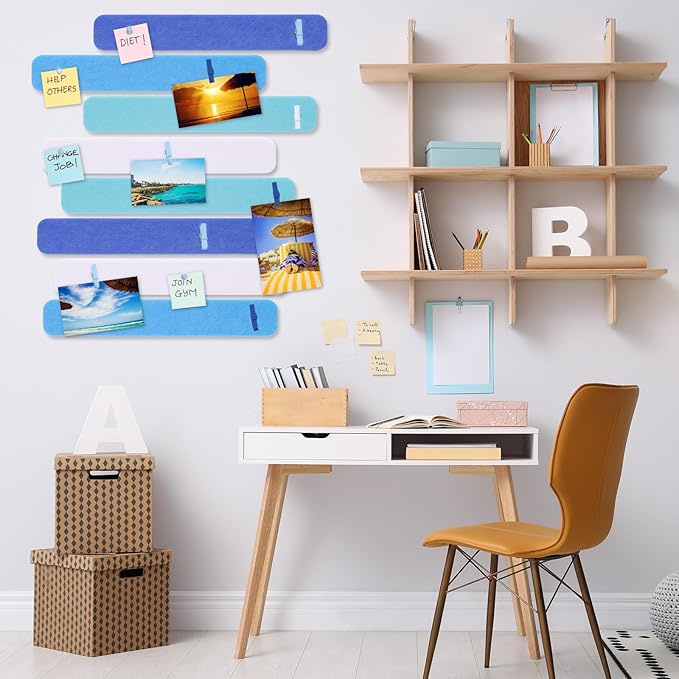 8 Pcs Felt Pin Board Bar Strips Bulletin Board 50 Pushpins and 10 Wooden Clip Pins Self Adhesive Cork Boards for Offices Home Wall Display Photos, Paste Notes, Schedules (Blue)
