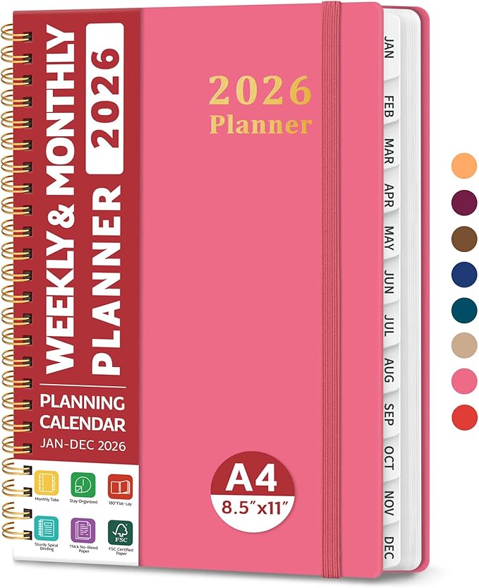 2026 Planner, Weekly and Monthly Calendar Planner, January 2026 - December 2026, Hardcover 2026 Calendar Book with Tabs For Women & Men, Inner Pocket, Spiral Bound, Perfect for Office Home School Supplies - A4 (8.5" x 11"), Peach Pink