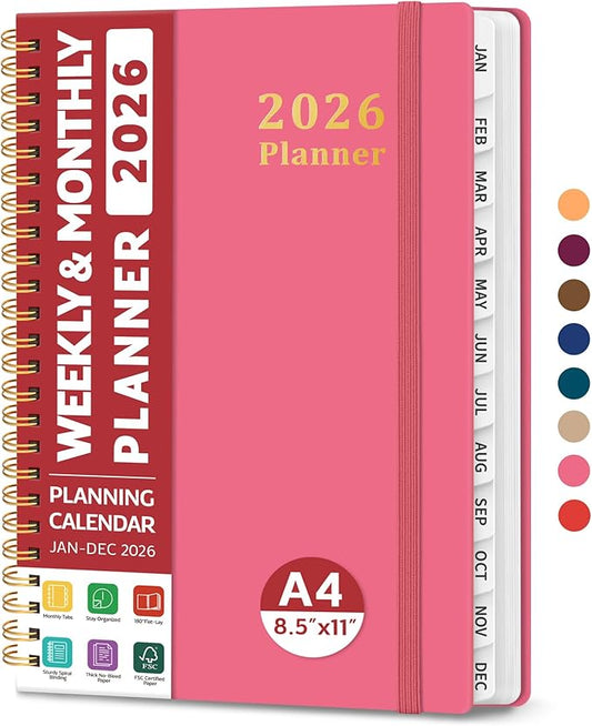 2026 Planner, Weekly and Monthly Calendar Planner, January 2026 - December 2026, Hardcover 2026 Calendar Book with Tabs For Women & Men, Inner Pocket, Spiral Bound, Perfect for Office Home School Supplies - A4 (8.5" x 11"), Peach Pink