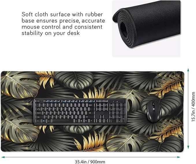 Gaming Mouse Pad,Large Mouse Pads for Desk,Non-Slip Rubber Base Extended Mousepad,XXL Keyboard Mouse Mat,Stitched Edges Computer Keyboard Desk Pad,35.4x15.8inch,Black Gold Tropical Leaves