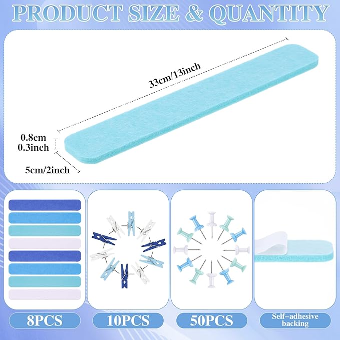 8 Pcs Felt Pin Board Bar Strips Bulletin Board 50 Pushpins and 10 Wooden Clip Pins Self Adhesive Cork Boards for Offices Home Wall Display Photos, Paste Notes, Schedules (Blue)