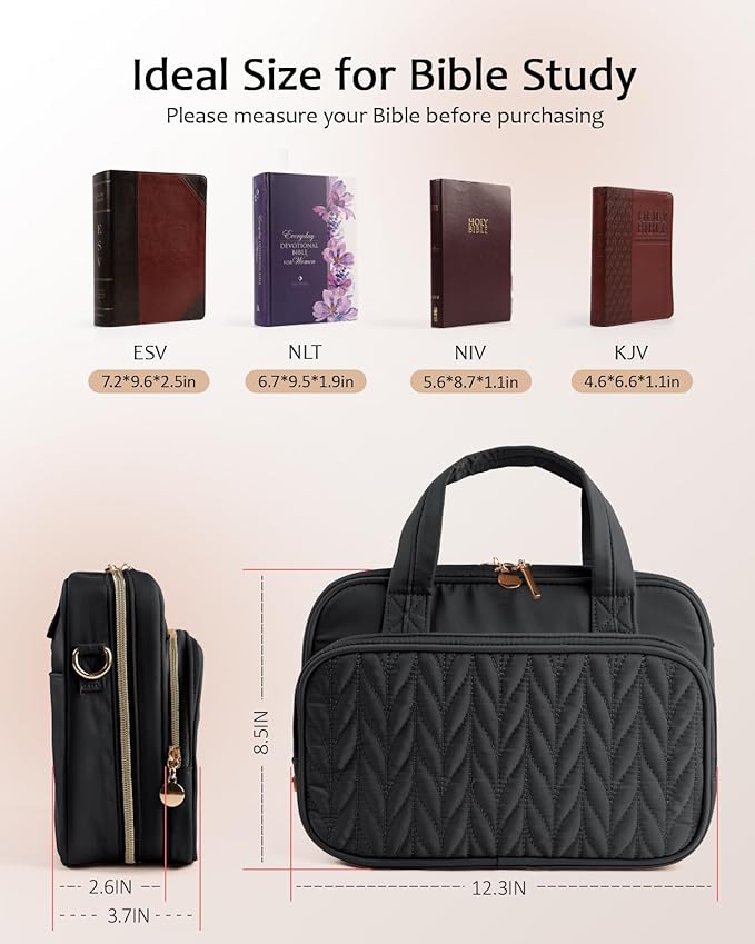 Bible Cover Case for Women, Large Bible Bag with Study Supplies, Bible Journaling Kit with Highlighters and Pens No Bleed, Christian Gift for Women (Shoulder Strap, Black)