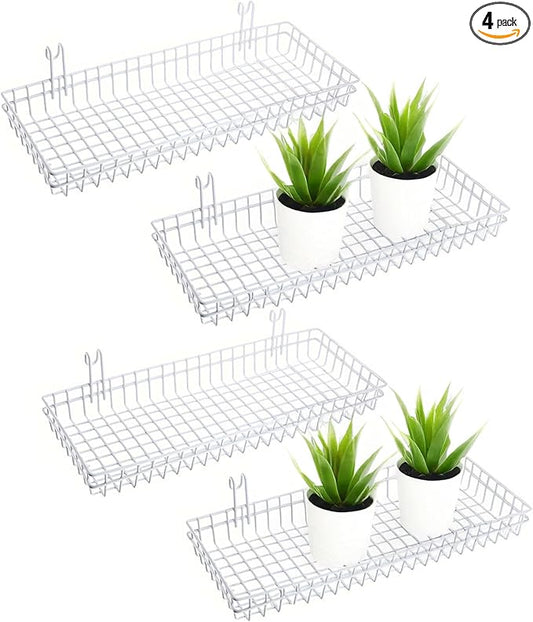 4 Pack 15.75 x 6 x 2.36 Inch Metal Grid Wall Baskets with Hooks, Hanging Wire Grid Basket, Multi-Function Wall Mounted Organizer for Kitchen Organizing Display, White