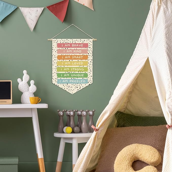 Boho Classroom Decor,Positive Affirmation for Playroom Wall Decor Canvas Banner,Pastel Rainbow Wall Hanging Pennant Flagfor Playroom Homeschool Bedroom 15x11in