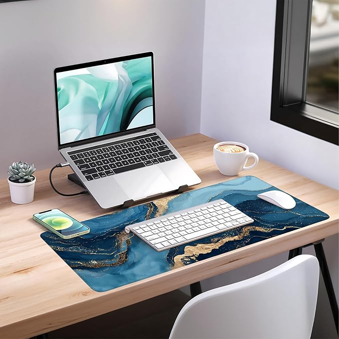 Gold & Blue Geometric Waves Extended Gaming Mouse Pad 35.4 x 15.7 Inch – Stylish Desk Mat for Gaming, Office, and Study, with Non-Slip Rubber Base