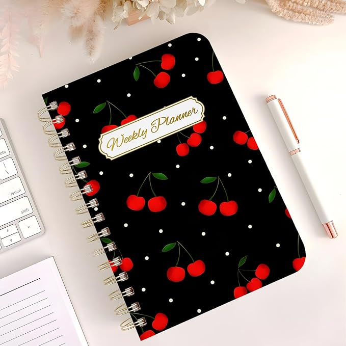 Weekly Planner Undated - 52 Weeks To Do List Notebook A5 for Work: Weekly Task, Habit Tracker Journal, Goal Setting, Agenda Sprial Bound Organizer Book for Women Cute Stylish Design, Cherry