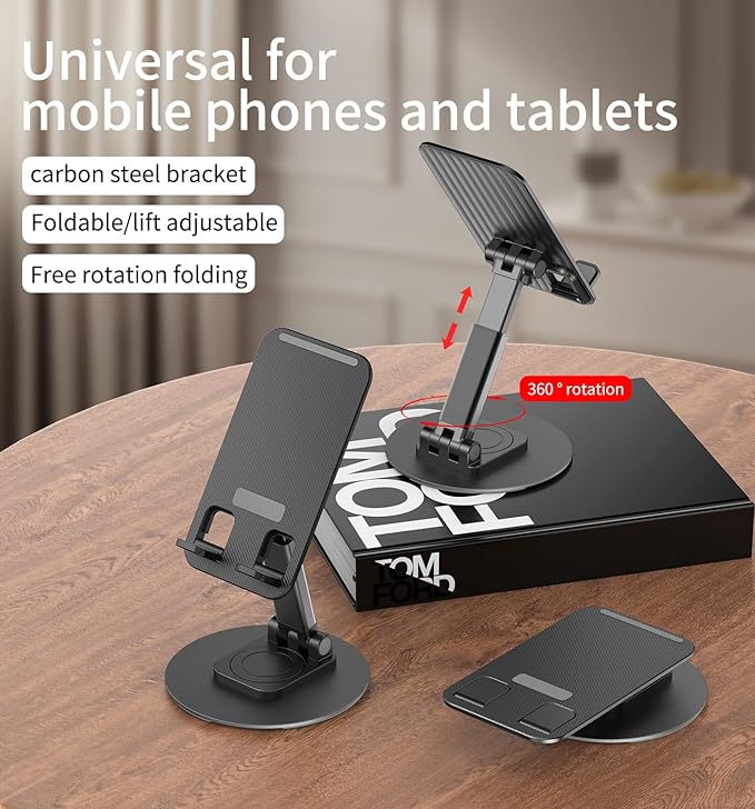 360° Degree Rotating Mobile Phone Holder,Fully Adjustable Foldable Desktop Phone Holder Stand Base,Foldable Desktop Cell Phone Stands for iPhone17 16 15 Pro Max Plus iPad Samsung (K39B-black)