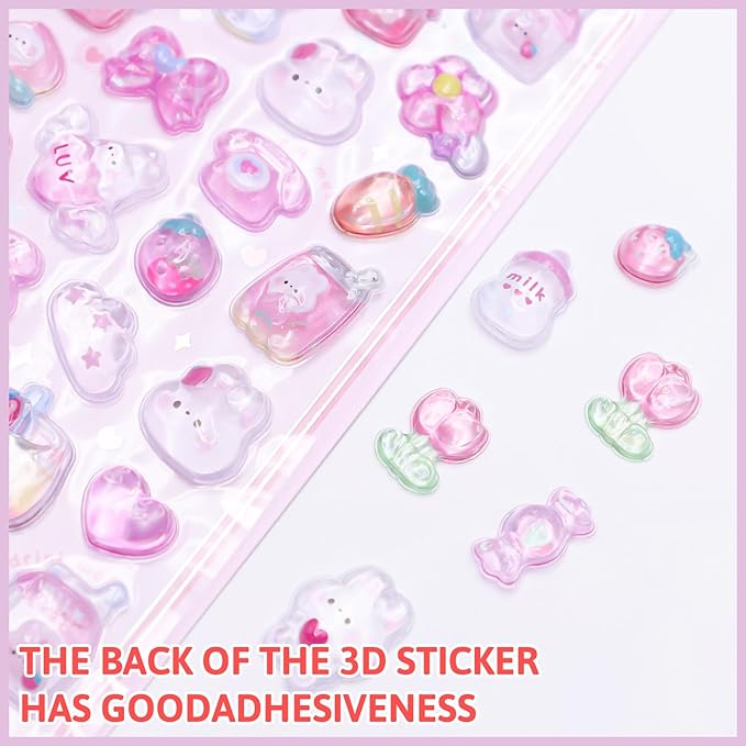 3D Cute Cartoon Pink Rabbit Puff Stickers - Kawaii Mini Puffy Reusable Stickers for Scrapbooks, Planner, Journals, Laptops, Phone Case Decoration