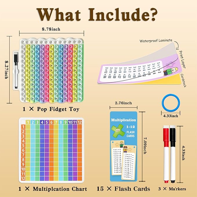 Multiplication Flash Cards + Pop Fidget Multiplication Chart, Times Table Educational Flashcard 3rd Grade, 4th, 5th, 6th Grade, Mint