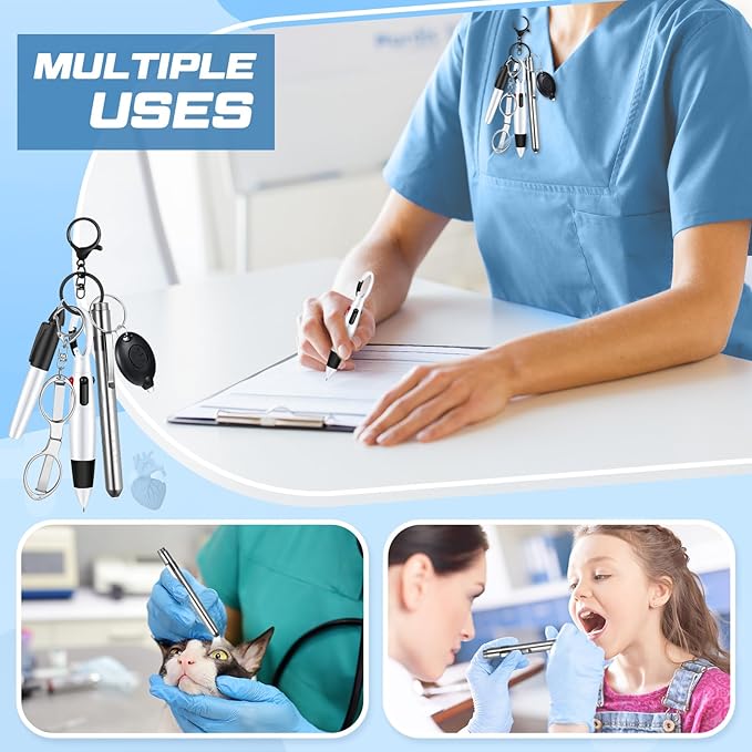 6 Pcs Nurse Pen Set Include Permanent Marker Pen Pen Lights for Nurses Retractable Ballpoint Pen Nursing Keychain Clip Foldable Scissors LED Flashlight Keychain for Nurse Accessories (Silver)