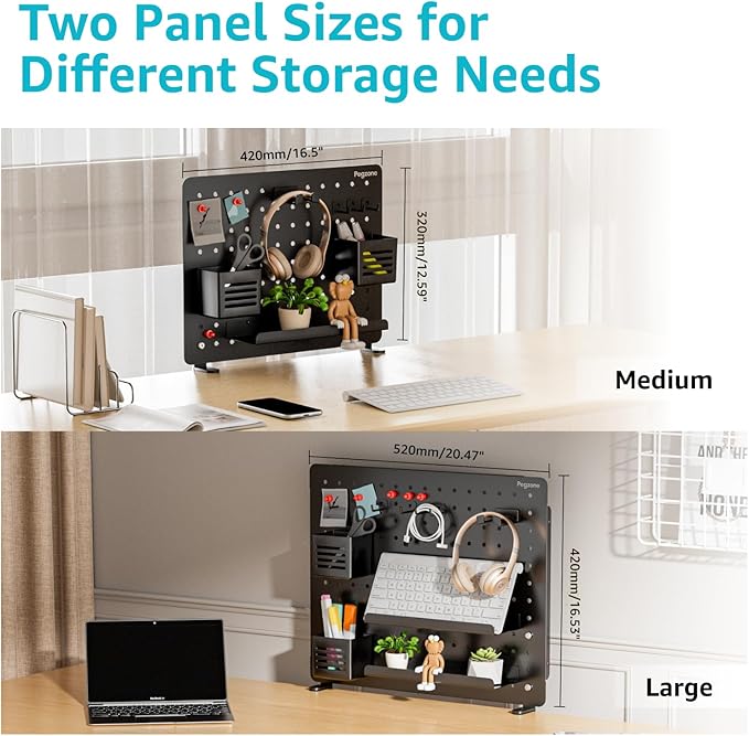 Clamp-on Desk Pegboard, Desk Organizer for Office Gaming Home, Magnetic Metal Peg Board with 10 Accessories, Privacy Panel for Office, 16.5" x 12.6", Medium, Black
