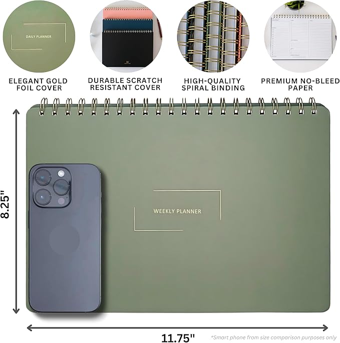 | Durable & Sleek | Undated Daily and Weekly Planner | 8.25" x 11.75" | To Do List Notebook for Work | Simple Design | Multiple Layouts | Planner and Notebook in One (Rust, Weekly Planner - Landscape)