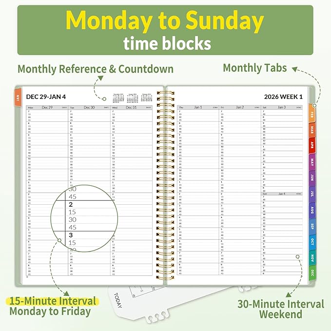 SUNEE 2026 Appointment Book, Quarter-Hourly, Weekly & Monthly - from January 2026 - December 2026, 8.5"x11" Weekly Planner, Flexible Cover, Note Pages, Pockets, Bookmark, Spiral Binding,