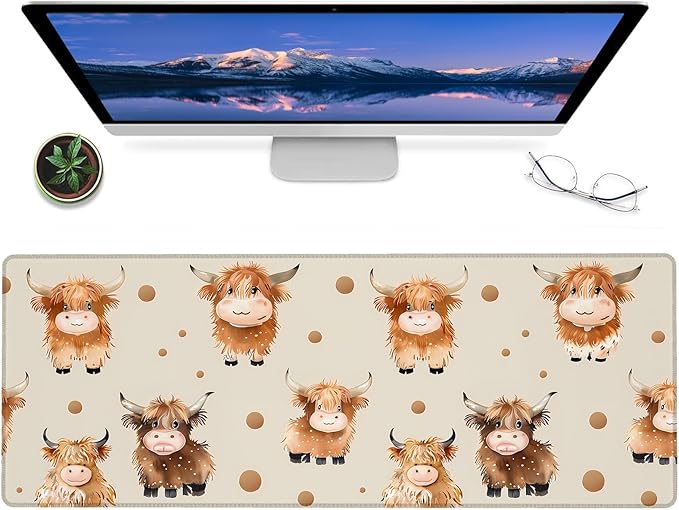 Cute Highland Cow Gaming Mouse Pad – 12x31.5in Large Extended Desk Mat with Dots Cartoon Design – Non-Slip Rubber Mousepad for Office Home – Deskmat Gifts for Animal Lovers Decor