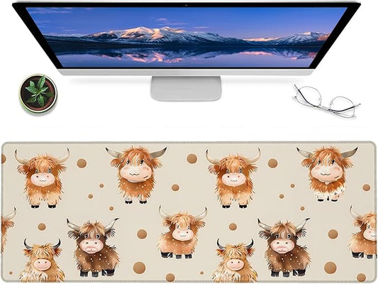 Cute Highland Cow Gaming Mouse Pad – 12x31.5in Large Extended Desk Mat with Dots Cartoon Design – Non-Slip Rubber Mousepad for Office Home – Deskmat Gifts for Animal Lovers Decor