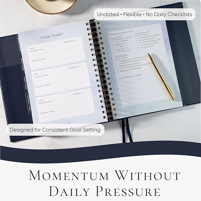 Manifestation Journal & Vision Board Kit Guided Journal | Habit Tracker & Goal Planner, Self Care & Reflection Tools | Undated Vegan Leather Hardcover | Visions in Motion Portable Vision Board (Navy)